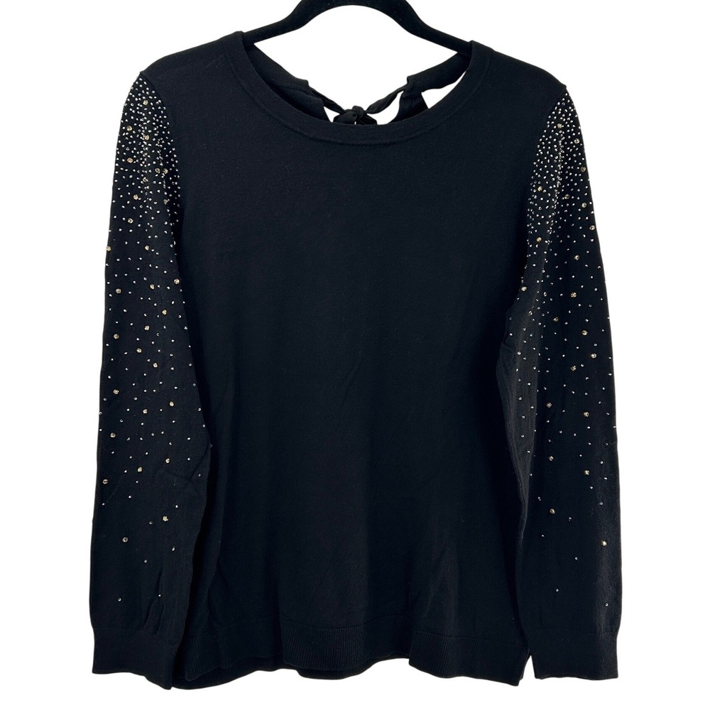 Ann Taylor LOFT Black Cotton Wool Embellished Rhinestone Tie Back Sweater XL